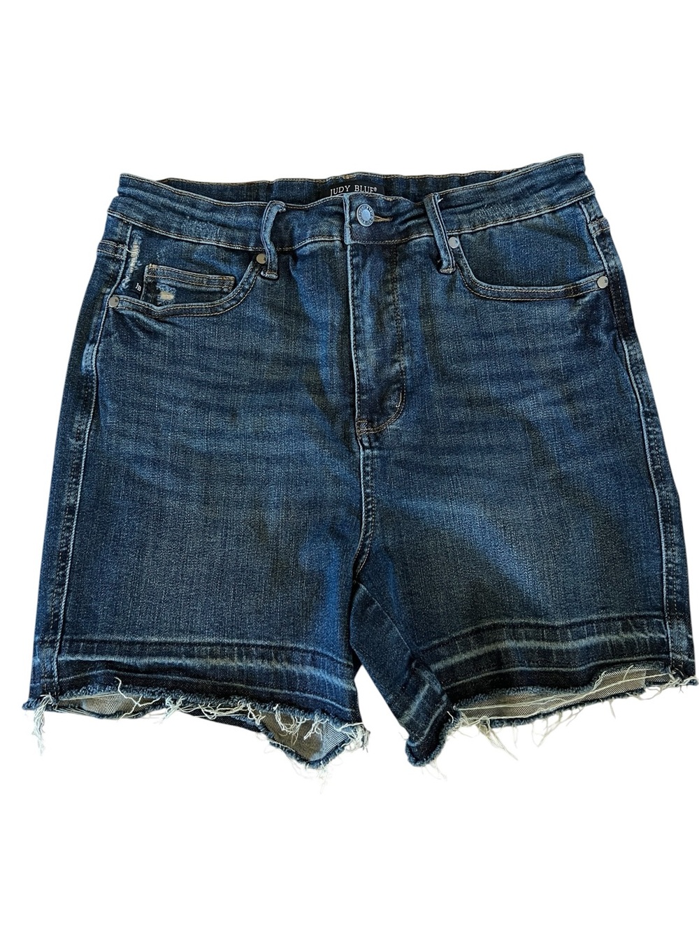 Judy Blue XL Dark Wash High Rise Distressed Raw Hem Denim Shorts - Picture 2 of 7